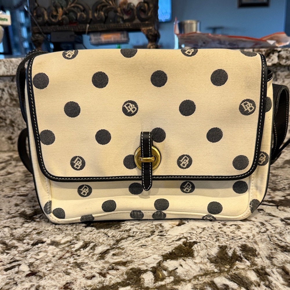 Vintage Dooney & Bourke Black and Cream Polka Dot Crossbody Purse.